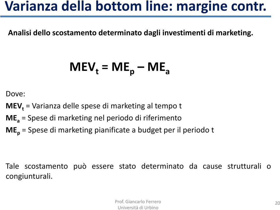 MEV t = ME p ME a Dove: MEV t = Varianza delle spese di marketing al tempo t ME a = Spese di