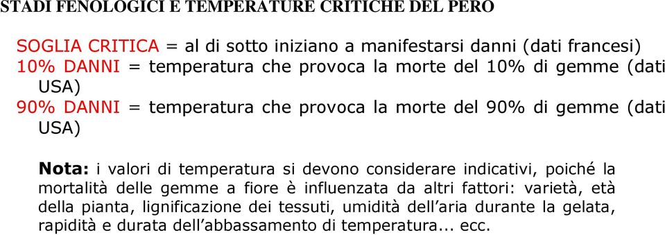 temperatura si devono considerare indicativi, poiché la mortalità delle gemme a fiore è influenzata da altri fattori: varietà, età della pianta,