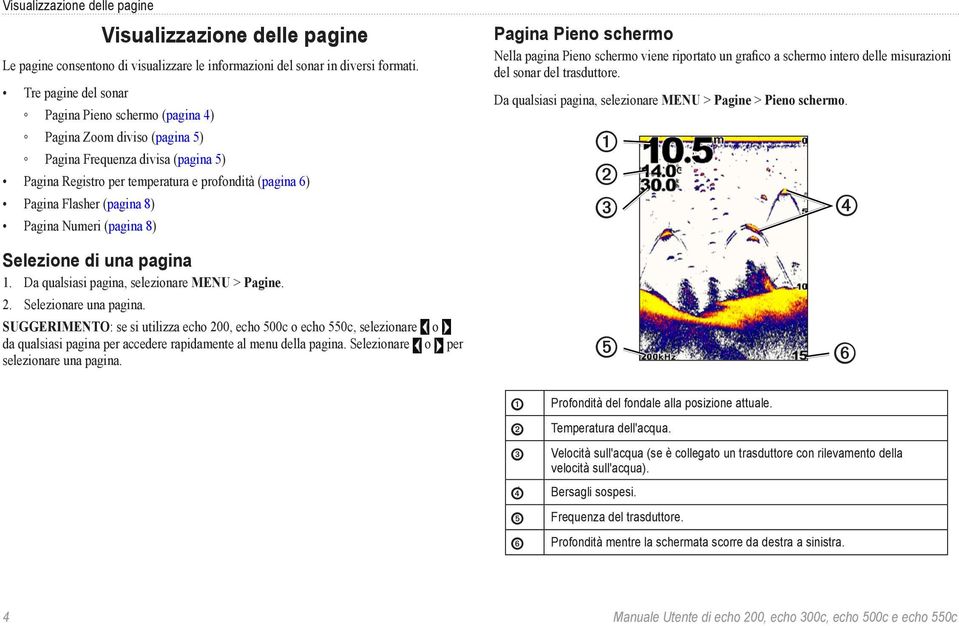 Pagina Numeri (pagina 8) Pagina Pieno schermo Nella pagina Pieno schermo viene riportato un grafico a schermo intero delle misurazioni del sonar del trasduttore.