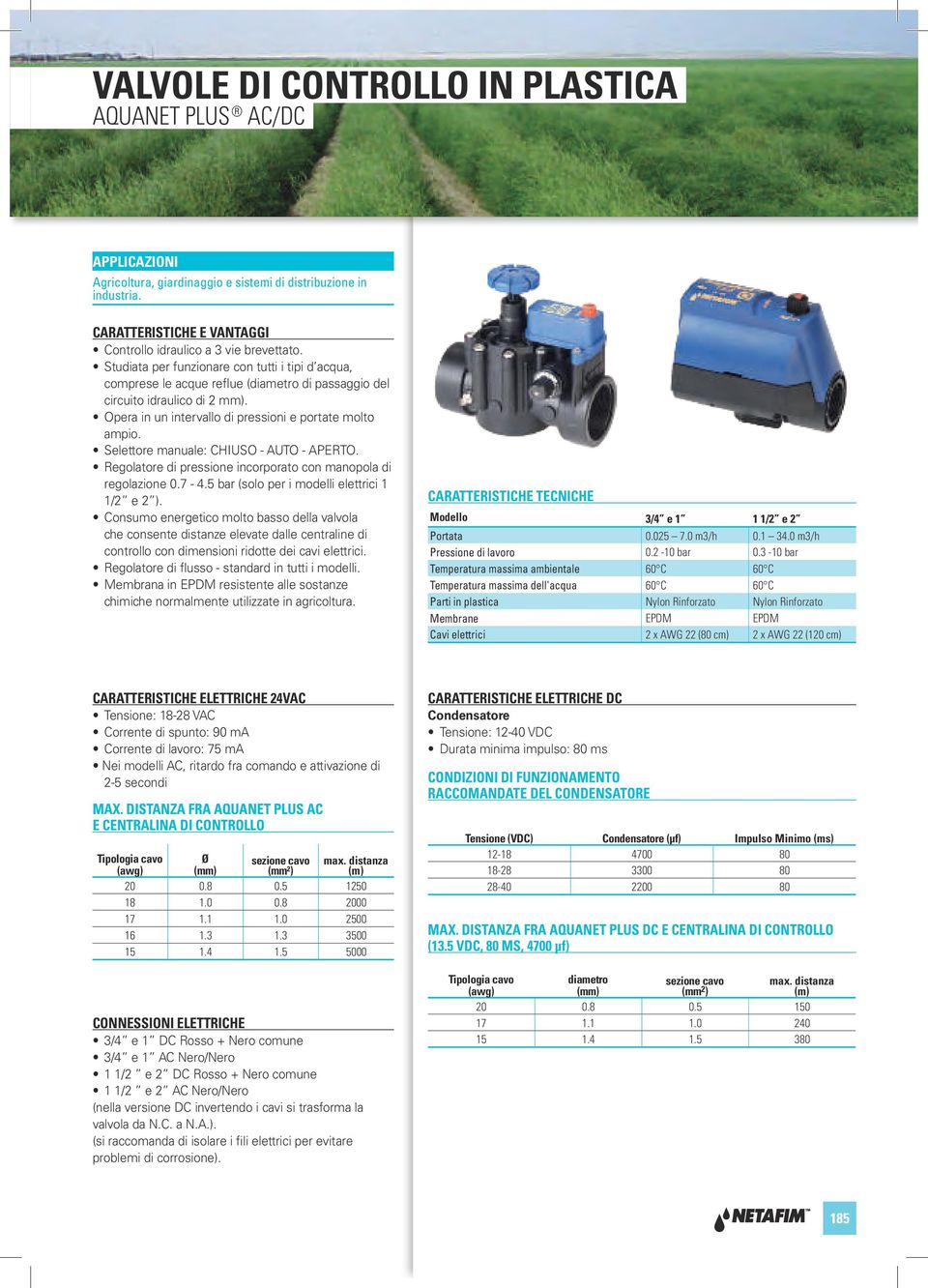 Selettore manuale: CHIUSO - AUTO - APERTO. Regolatore di pressione incorporato con manopola di regolazione 0.7-4.5 bar (solo per i modelli elettrici 1 1/2 e 2 ).