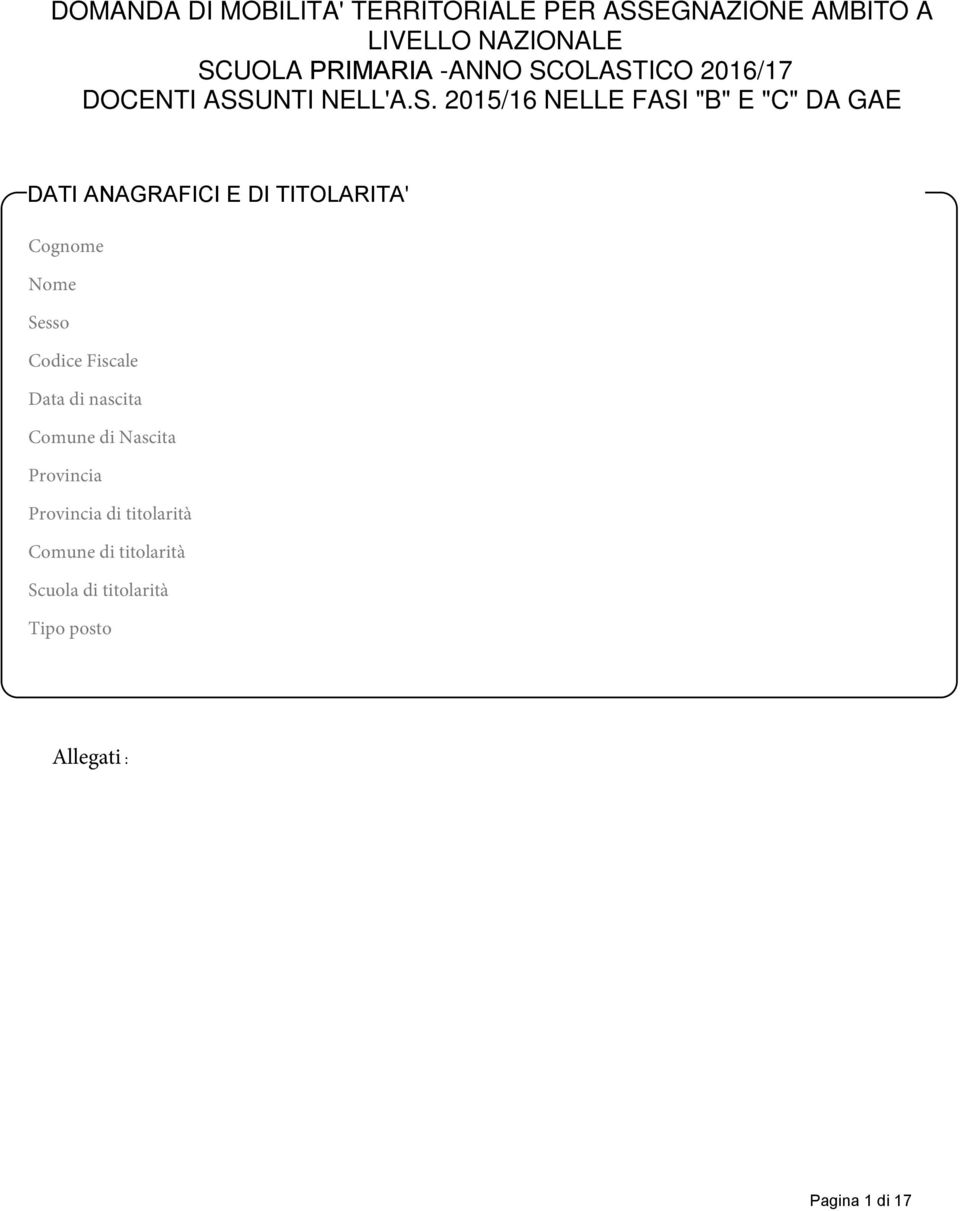 E DI TITOLARITA' Cognome Nome Sesso Codice Fiscale Data di nascita Comune di Nascita Provincia