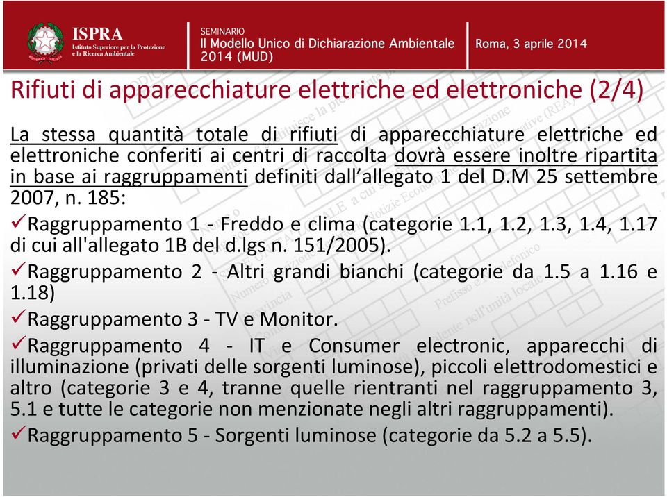 lgs n. 151/2005). Raggruppamento 2 - Altri grandi bianchi (categorie da 1.5 a 1.16 e 1.18) Raggruppamento 3- TV e Monitor.