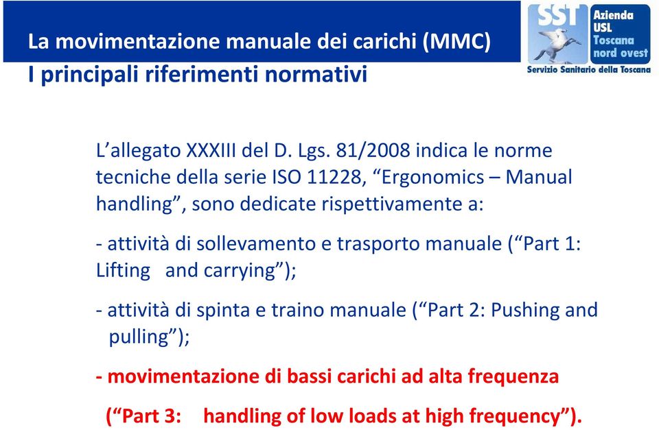 -attivitàdi sollevamento e trasporto manuale ( Part1: Lifting and carrying ); -attivitàdi spinta e traino manuale (