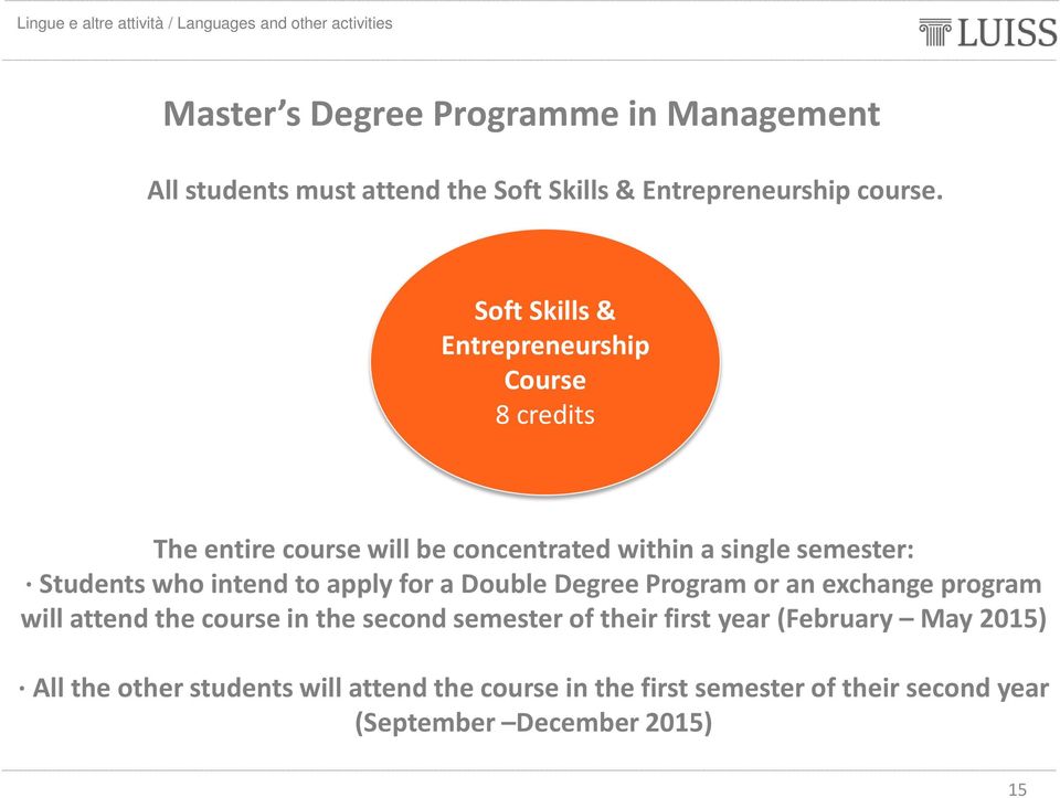intend to apply for a Double Degree Program or an exchange program will attend the course in the second semester of their