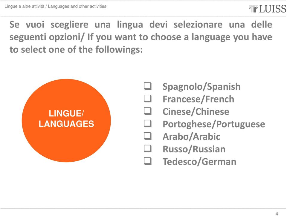 the followings: LINGUE/ LANGUAGES Spagnolo/Spanish Francese/French