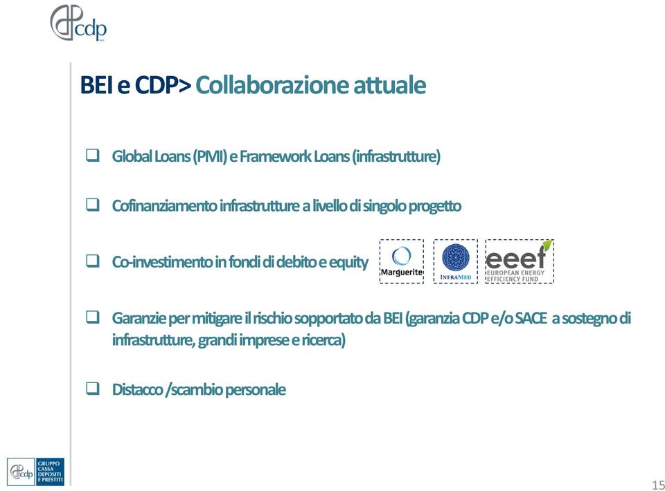 debito e equity Garanzie per mitigare il rischio sopportato da BEI (garanzia CDP e/o