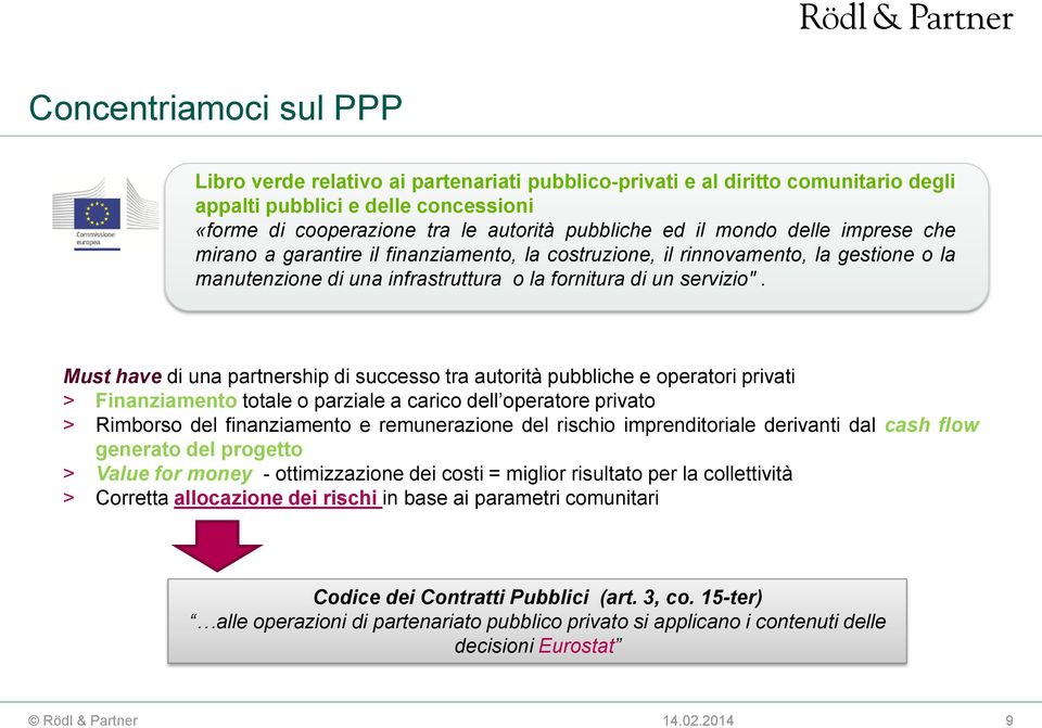 Must have di una partnership di successo tra autorità pubbliche e operatori privati > Finanziamento totale o parziale a carico dell operatore privato > Rimborso del finanziamento e remunerazione del