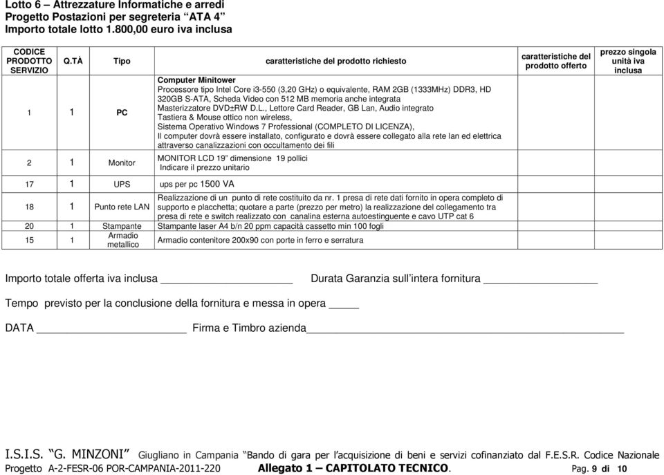 1 presa di rete dati fornito in opera completo di supporto e placchetta; quotare a parte (prezzo per metro) la realizzazione del collegamento tra presa di rete e switch realizzato con canalina