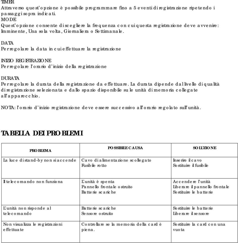 DATA Per regolare la data in cui effettuare la registrazione INIZIO REGISTRAZIONE Per regolare l orario d inizio della registrazione DURATA Per regolare la durata della registrazione da effettuare.