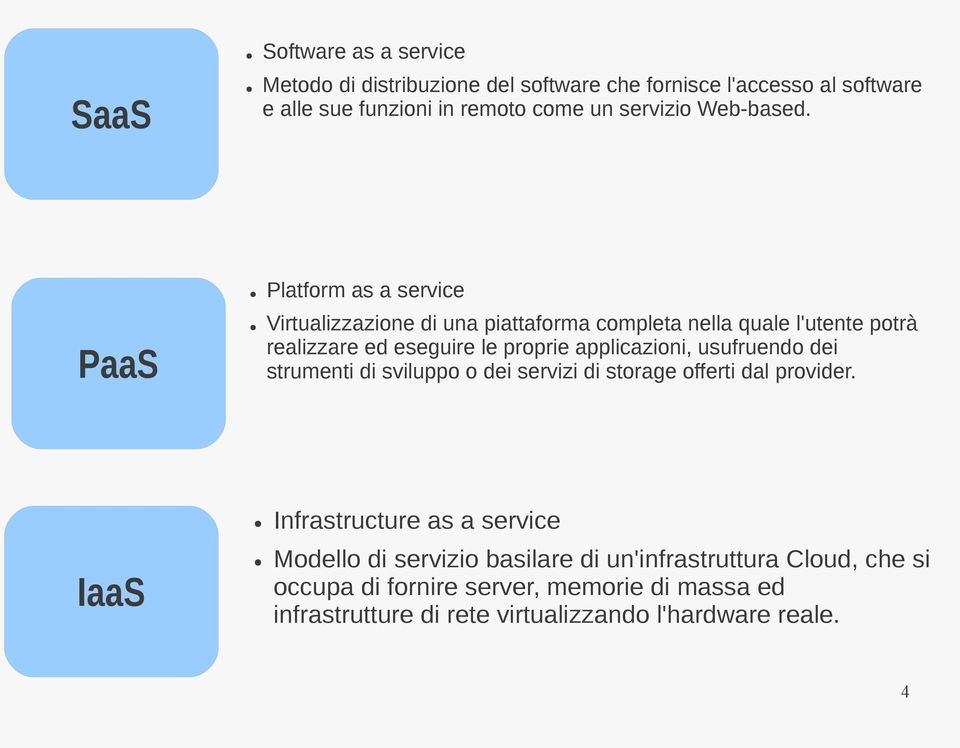 PaaS Platform as a service Virtualizzazione di una piattaforma completa nella quale l'utente potrà realizzare ed eseguire le proprie applicazioni,