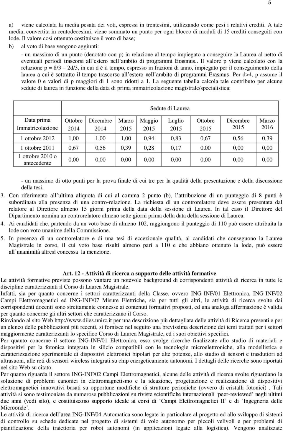 Il valore così ottenuto costituisce il voto di base; b) al voto di base vengono aggiunti: - un massimo di un punto (denotato con p) in relazione al tempo impiegato a conseguire la Laurea al netto di