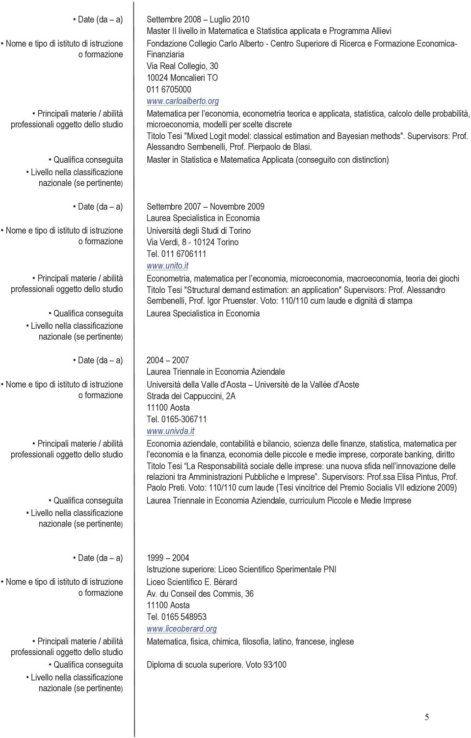 011 6706111 Nome e tipo di istituto di istruzione o formazione Matematica per l economia, econometria teorica e applicata, statistica, calcolo delle probabilità, microeconomia, modelli per scelte