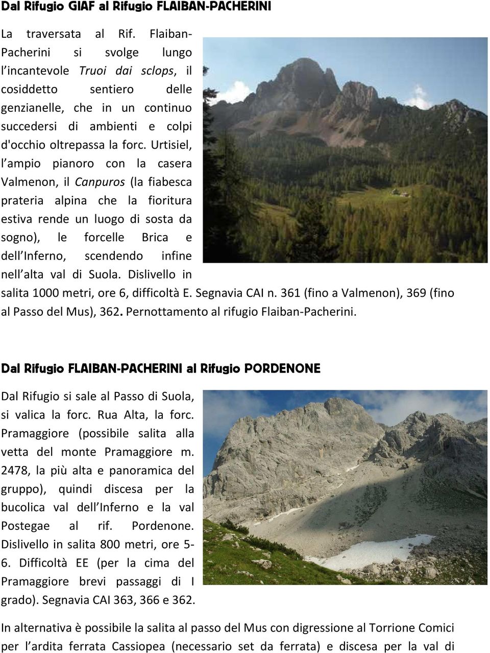 Urtisiel, l ampio pianoro con la casera Valmenon, il Canpuros (la fiabesca prateria alpina che la fioritura estiva rende un luogo di sosta da sogno), le forcelle Brica e dell Inferno, scendendo