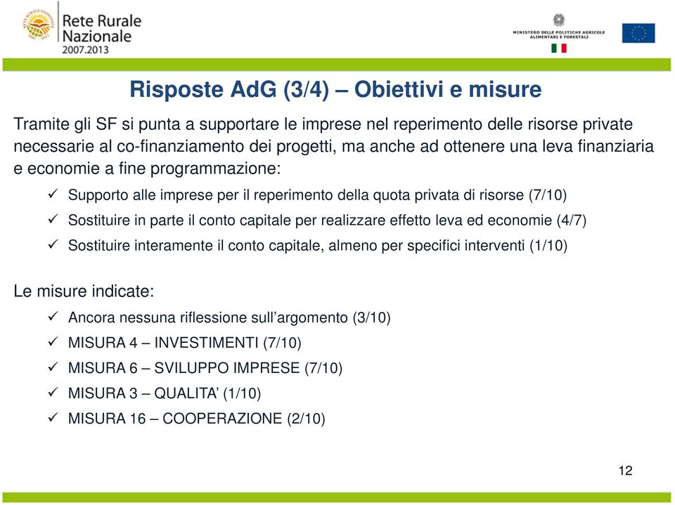 parte il conto capitale per realizzare effetto leva ed economie (4/7) Sostituire interamente il conto capitale, almeno per specifici interventi (1/10) Le misure