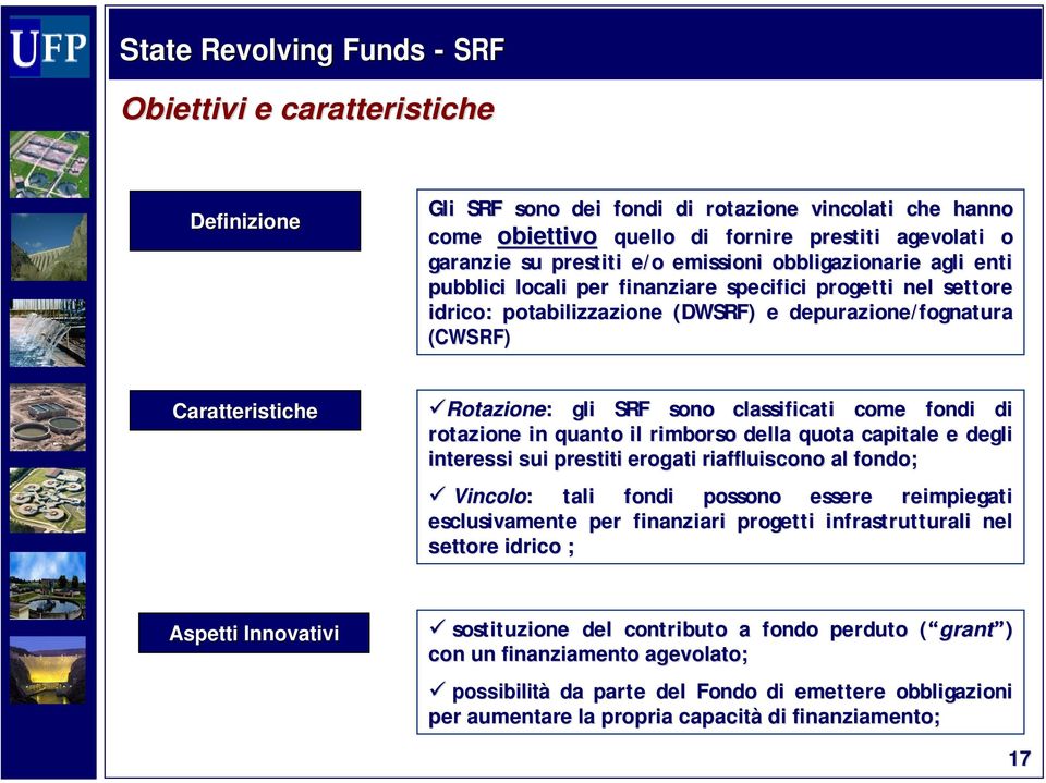SRF sono classificati come fondi di rotazione in quanto il rimborso della quota capitale e degli interessi sui prestiti erogati riaffluiscono al fondo; Vincolo: : tali fondi possono essere
