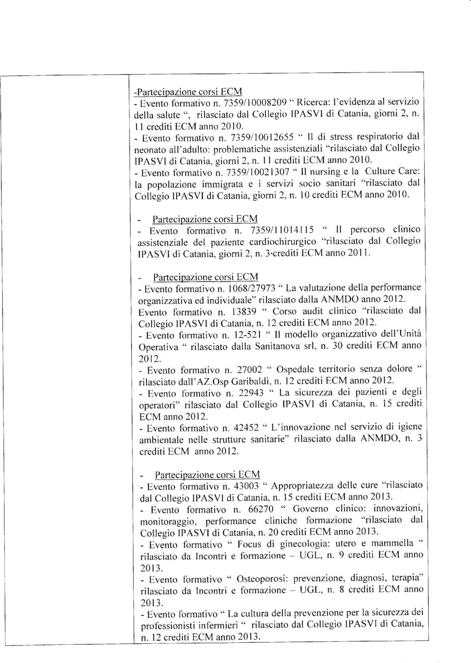 l0 crediti ECM anno 2010. n. 735911014115 'c Il percorso clinico assistenziale del pazienfe cardiochirurgico "rilasciato dal Collegio IPASVI di Catania, giorni 2,n.3'crediti ECM anno 2011. n. 1068127973 " La valutazione della performance organrzzativa ed individuale" rilasciato dalla ANMDO anno 2012.