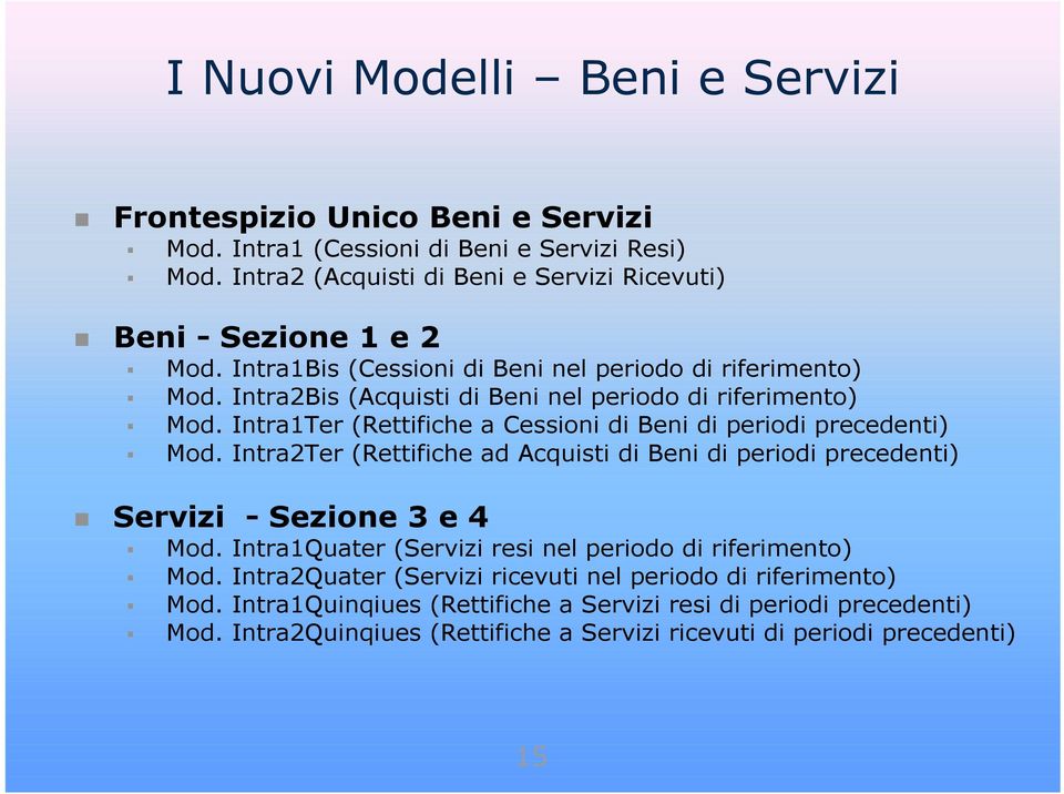 Intra2Bis (Acquisti di Beni nel periodo di riferimento) Mod. Intra1Ter (Rettifiche a Cessioni di Beni di periodi precedenti) Mod.