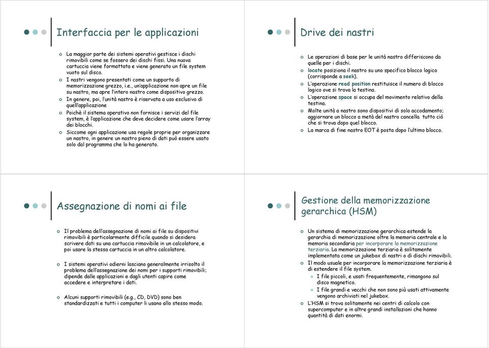 In genere, poi, l unità nastro è riservata a uso esclusivo di quell applicazione Poichè il sistema operativo non fornisce i servizi del file system, è l applicazione che deve decidere come usare l