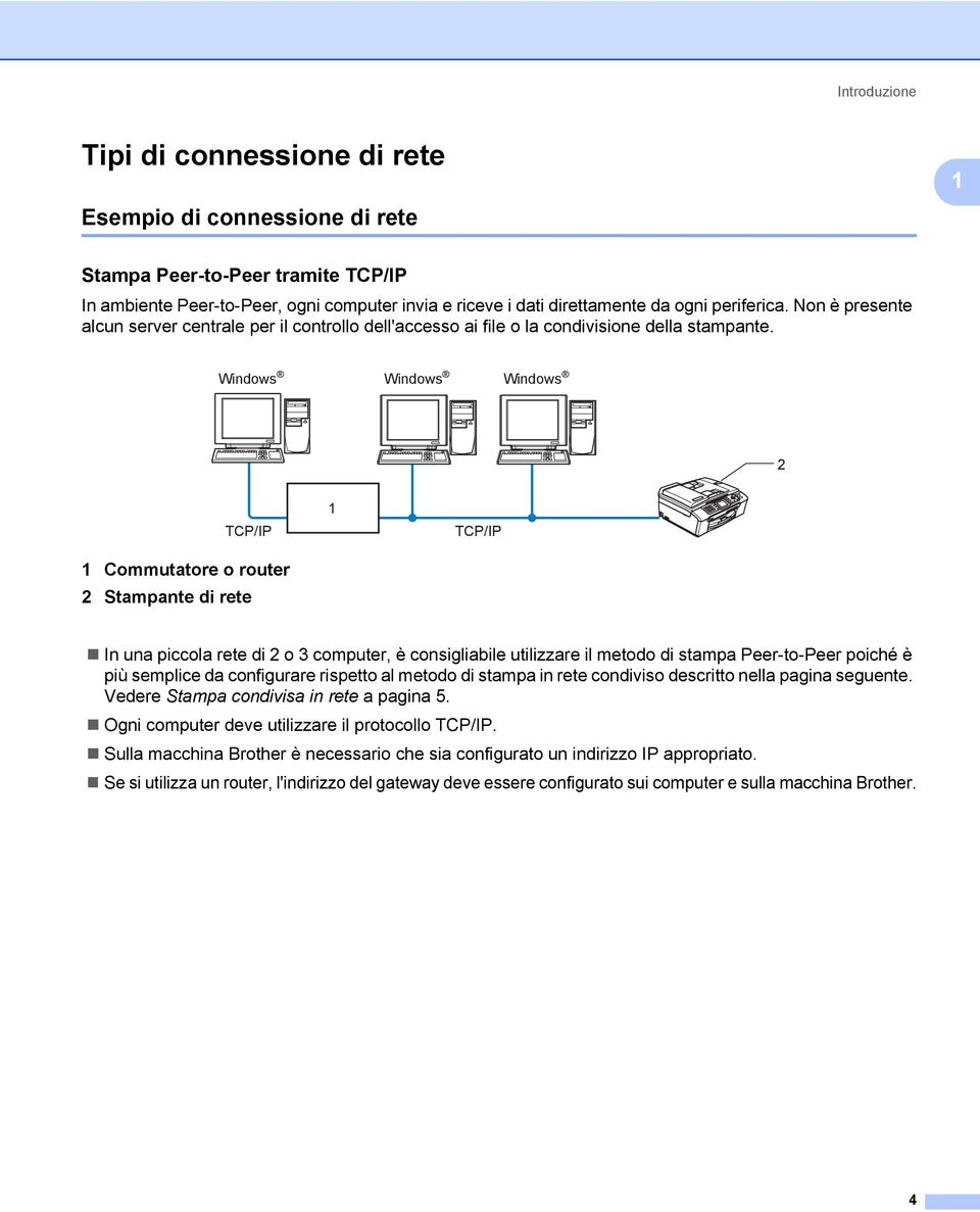 Windows Windows Windows 2 TCP/IP 1 Commutatore o router 2 Stampante di rete 1 TCP/IP In una piccola rete di 2 o 3 computer, è consigliabile utilizzare il metodo di stampa Peer-to-Peer poiché è più