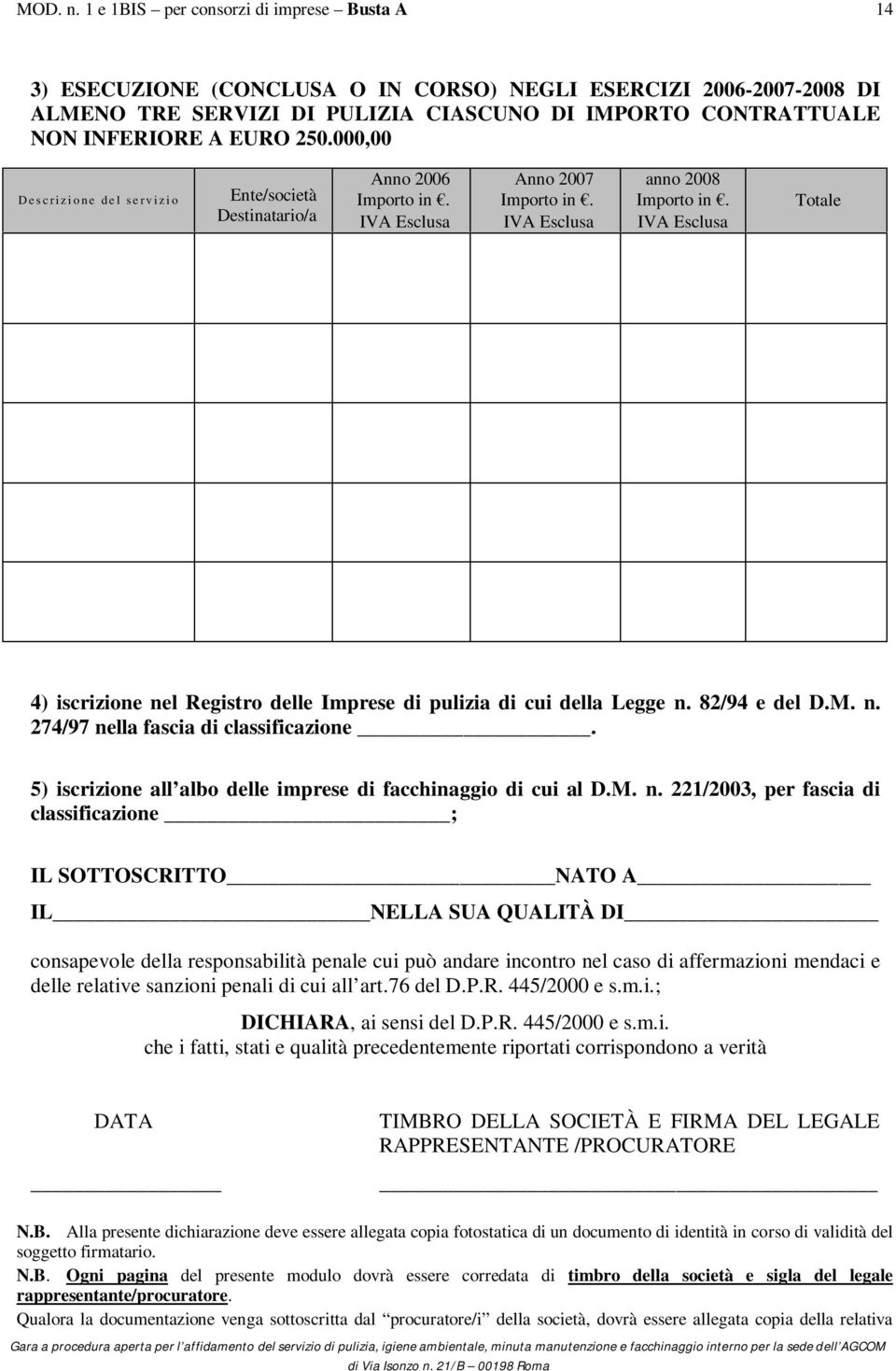 IVA Esclusa Totale 4) iscrizione nel Registro delle Imprese di pulizia di cui della Legge n. 82/94 e del D.M. n. 274/97 nella fascia di classificazione.