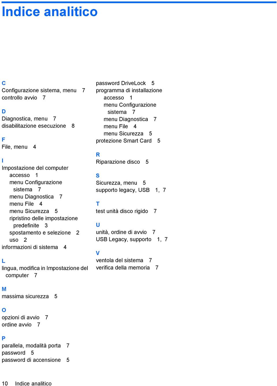 7 password DriveLock 5 programma di installazione accesso 1 menu Configurazione sistema 7 menu Diagnostica 7 menu File 4 menu Sicurezza 5 protezione Smart Card 5 R Riparazione disco 5 S Sicurezza,