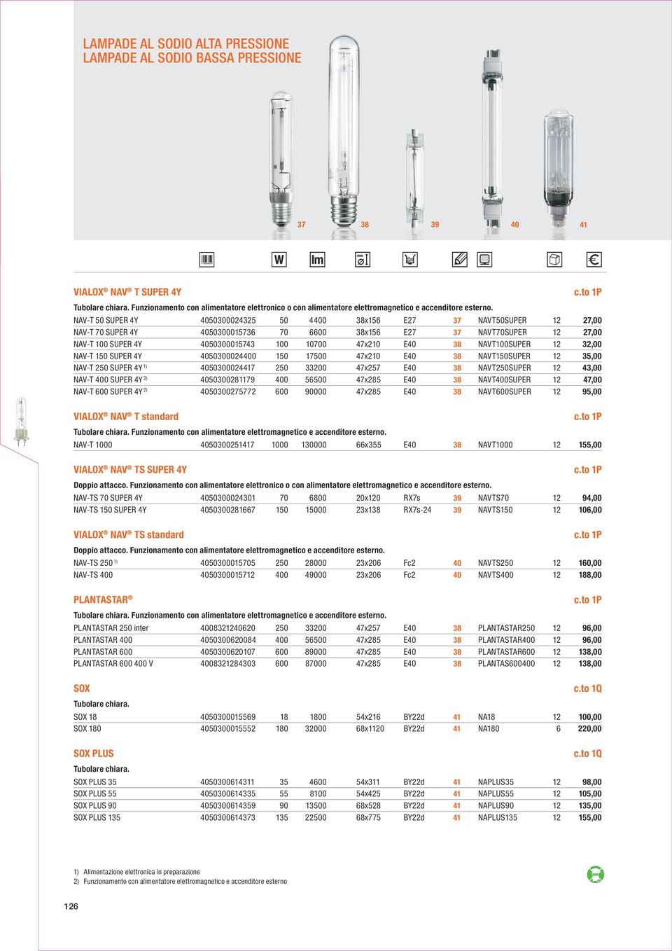 NAV-T 50 SUPER 4Y 4050300024325 50 4400 38x156 E27 37 NAVT50SUPER 12 27,00 NAV-T 70 SUPER 4Y 4050300015736 70 6600 38x156 E27 37 NAVT70SUPER 12 27,00 NAV-T 100 SUPER 4Y 4050300015743 100 10700 47x210