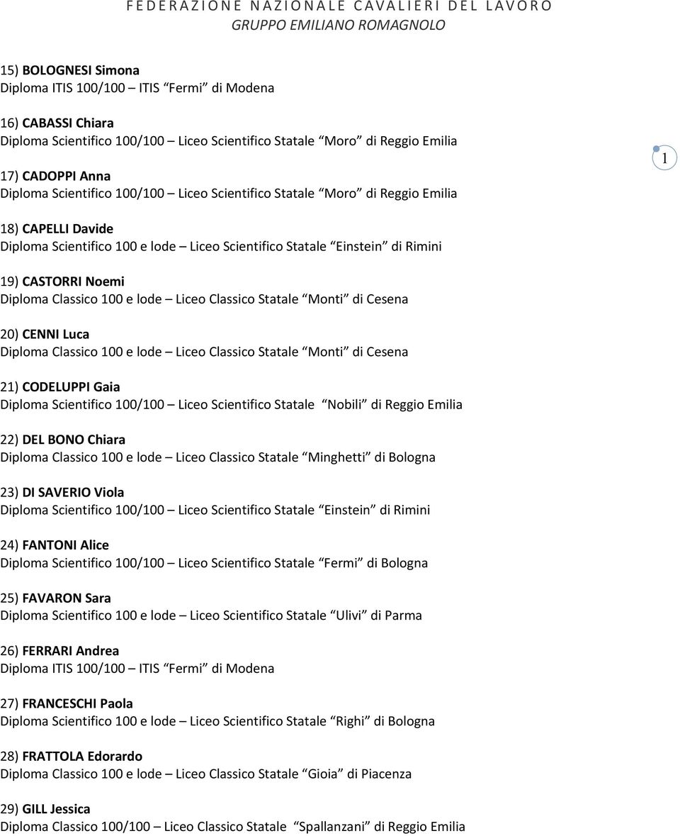 V Liceo Classico Statale Monti š di Cesena 20) CENNI Luca Diploma Classico 00 e lode V Liceo Classico Statale Monti š di Cesena 2) CODELUPPI Gaia Diploma Scientifico 00/00 V Liceo Scientifico Statale