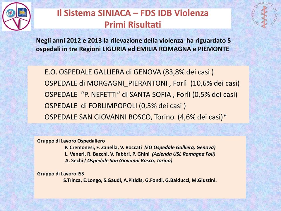 NEFETTI di SANTA SOFIA, Forlì (0,5% dei casi) OSPEDALE di FORLIMPOPOLI (0,5% dei casi ) OSPEDALE SAN GIOVANNI BOSCO, Torino (4,6% dei casi)* Gruppo di Lavoro Ospedaliero P. Cremonesi, F.