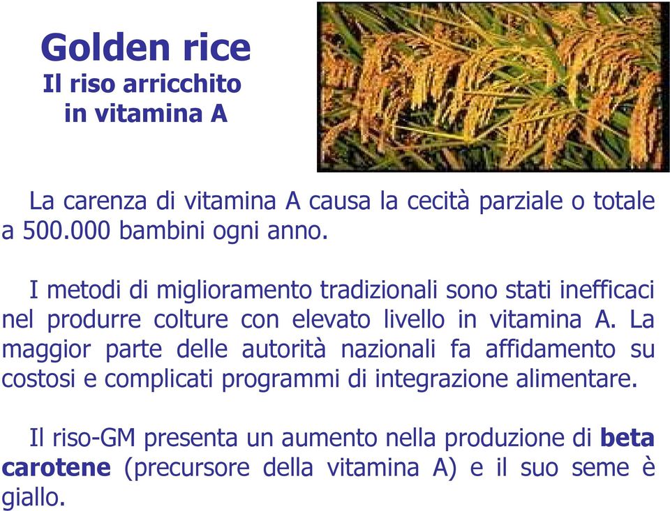 I metodi di miglioramento tradizionali sono stati inefficaci nel produrre colture con elevato livello in vitamina A.