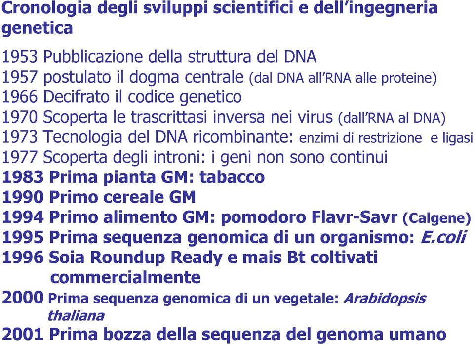 degli introni: i geni non sono continui 1983 Prima pianta GM: tabacco 1990 Primo cereale GM 1994 Primo alimento GM: pomodoro Flavr-Savr (Calgene) 1995 Prima sequenza genomica di un