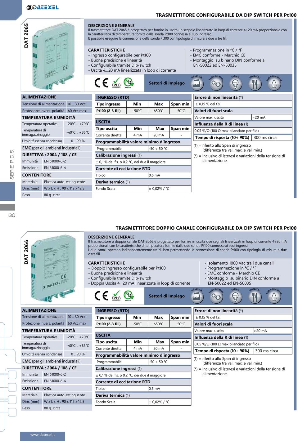 - Ingresso configurabile per Pt100 - Buona precisione e linearità - Uscita 4 20 ma linearizzata in loop di corrente (RTD) di alimentazione 10.. 30 Vcc ± 0,15 % del f.s. Protezione invers.