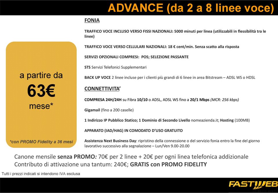 linee in area Bitstream ADSL WS o HDSL CONNETTIVITA COMPRESA 24H/24H su Fibra 10/10o ADSL, ADSL WS fino a 20/1 Mbps (MCR: 256 kbps) Gigamail(fino a 200 caselle) 1 Indirizzo IP Pubblico Statico; 1