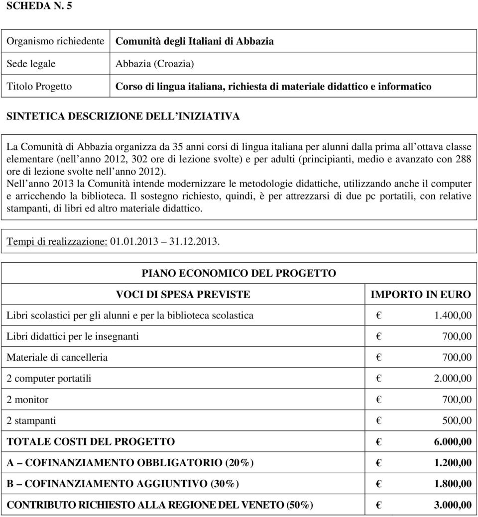 per alunni dalla prima all ottava classe elementare (nell anno 2012, 302 ore di lezione svolte) e per adulti (principianti, medio e avanzato con 288 ore di lezione svolte nell anno 2012).