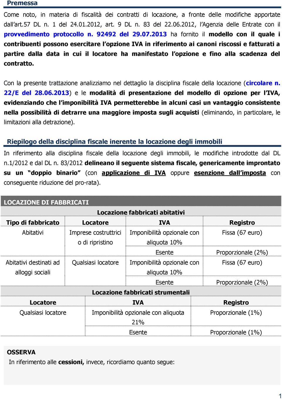 2013 ha fornito il modello con il quale i contribuenti possono esercitare l opzione IVA in riferimento ai canoni riscossi e fatturati a partire dalla data in cui il locatore ha manifestato l opzione