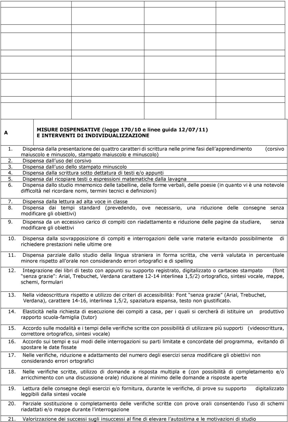 Dispensa dall uso dello stampato minuscolo 4. Dispensa dalla scrittura sotto dettatura di testi e/o appunti 5. Dispensa dal ricopiare testi o espressioni matematiche dalla lavagna 6.