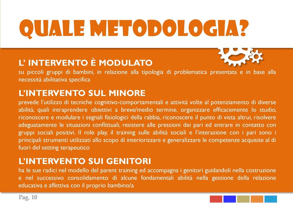 di tecniche cognitivo-comportamentali e attività volte al potenziamento di diverse abilità, quali intraprendere obiettivi a breve/medio termine, organizzare efficacemente lo studio, riconoscere e