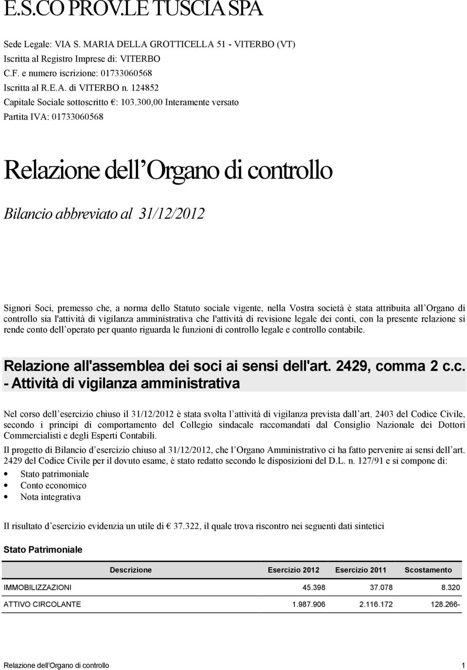 300,00 Interamente versato Partita IVA: 01733060568 Relazione dell Organo di controllo Bilancio abbreviato al 31/12/2012 Signori Soci, premesso che, a norma dello Statuto sociale vigente, nella