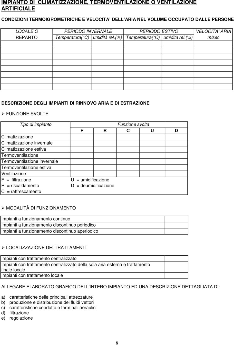 (%) m/sec DESCRIZIONE DEGLI IMPIANTI DI RINNOVO ARIA E DI ESTRAZIONE FUNZIONE SVOLTE Tipo di impianto Climatizzazione Climatizzazione invernale Climatizzazione estiva Termoventilazione