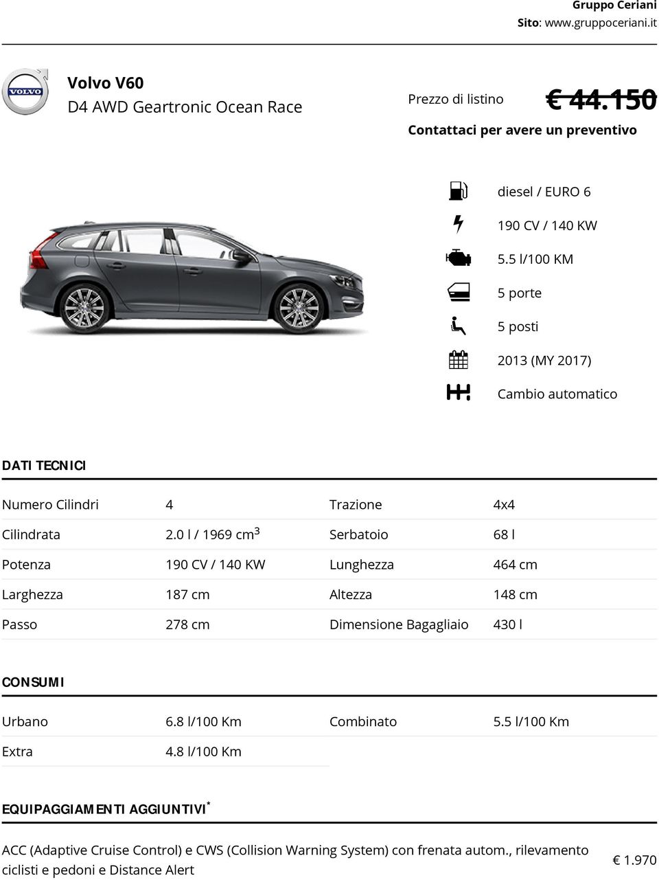 5 l/100 KM 5 porte 5 posti 2013 (MY 2017) Cambio automatico DATI TECNICI Numero Cilindri 4 Trazione 4x4 3 Cilindrata 2.