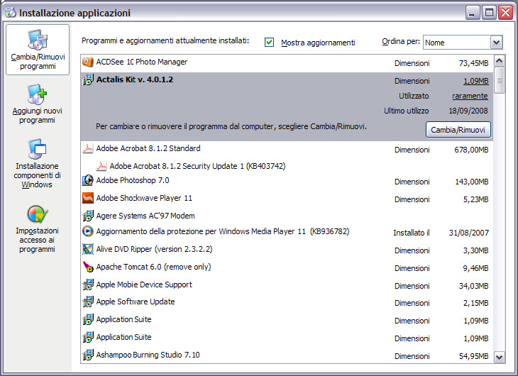 8. Disinstallazione di Actalis KIT CNS È possibile disinstallare il software del KIT Actalis CNS in due modi: mediante il Pannello di Controllo di Windows mediante il programma di SETUP contenuto sul