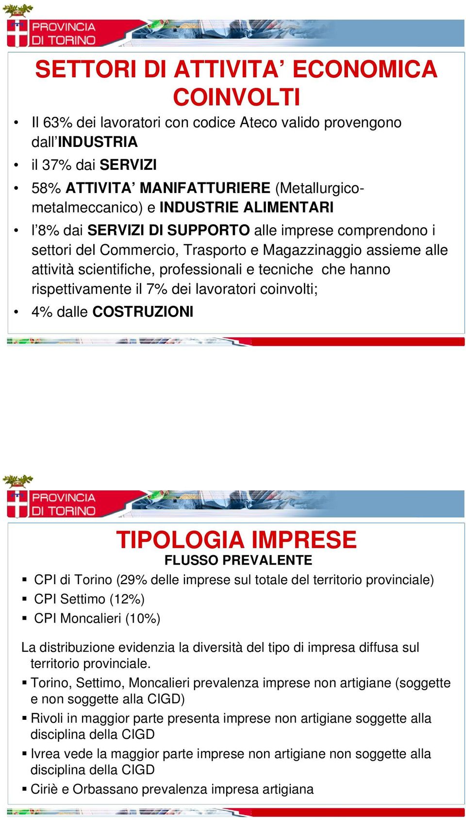 rispettivamente il 7% dei lavoratori coinvolti; 4% dalle COSTRUZIONI TIPOLOGIA IMPRESE FLUSSO PREVALENTE CPI di Torino (29% delle imprese sul totale del territorio provinciale) CPI Settimo (12%) CPI