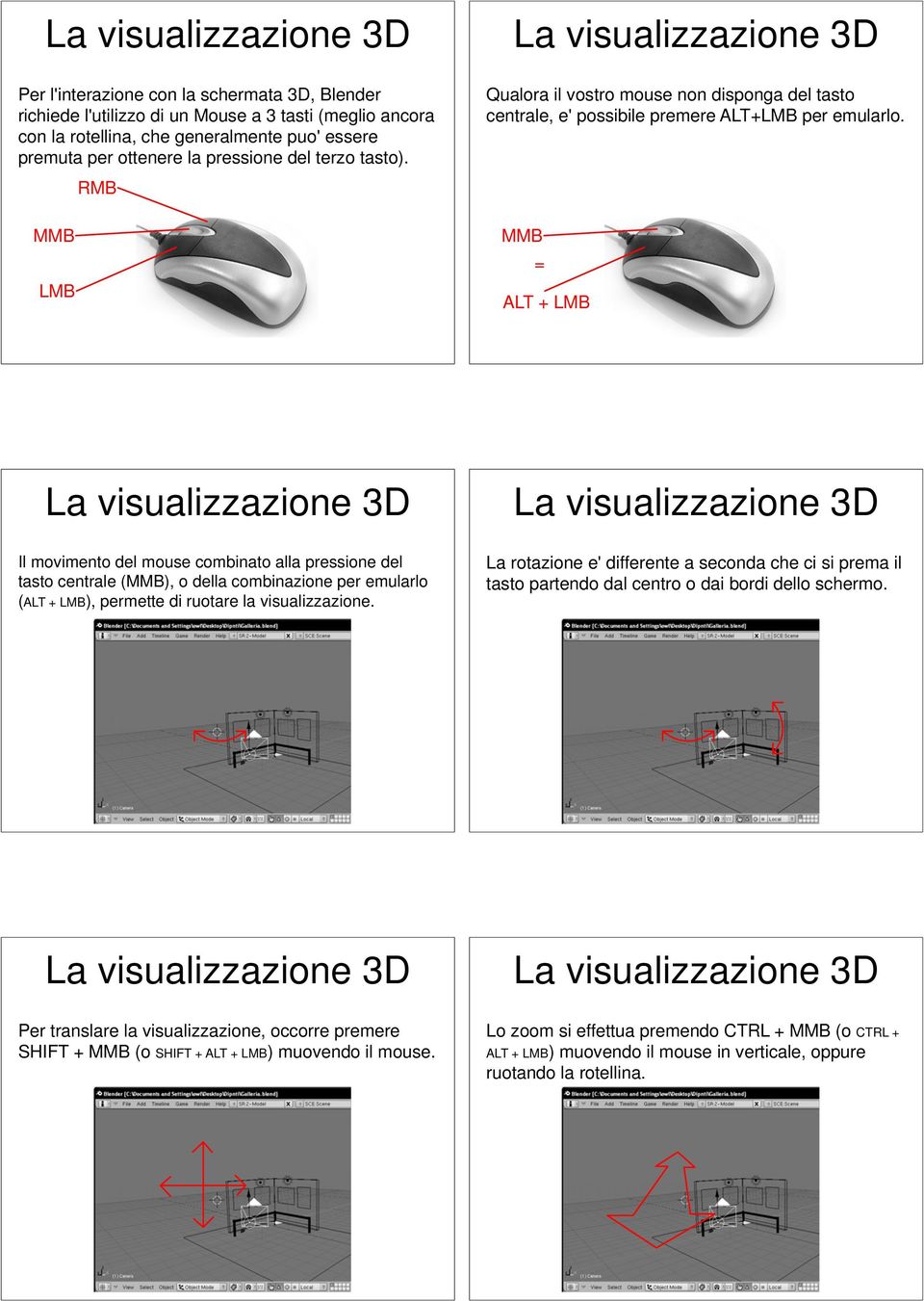 MMB = ALT + LMB La visualizzazione 3D Il movimento del mouse combinato alla pressione del tasto centrale (MMB), o della combinazione per emularlo (ALT + LMB), permette di ruotare la visualizzazione.