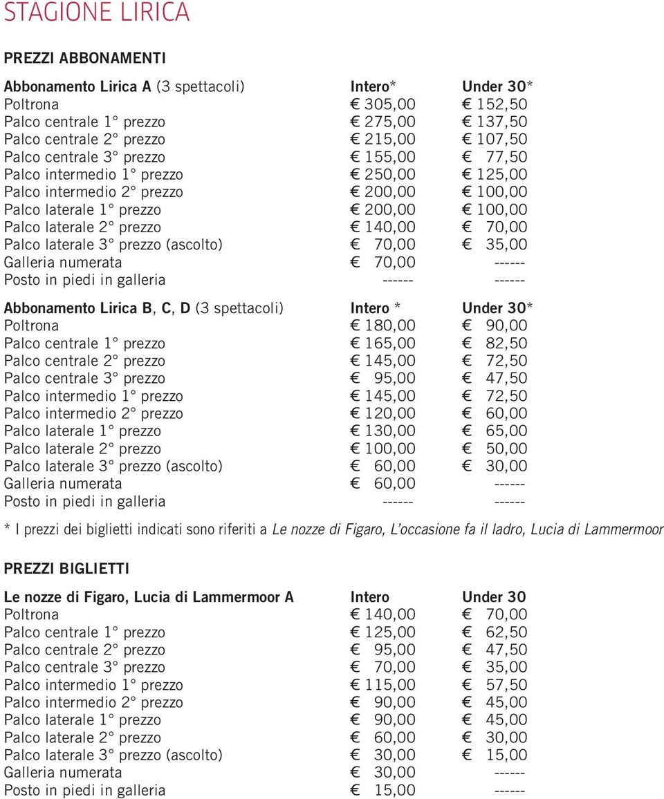 laterale 3 prezzo (ascolto) 70,00 35,00 Galleria numerata 70,00 ------ Posto in piedi in galleria ------ ------ Abbonamento Lirica B, C, D (3 spettacoli) Intero * Under 30* Poltrona 180,00 90,00