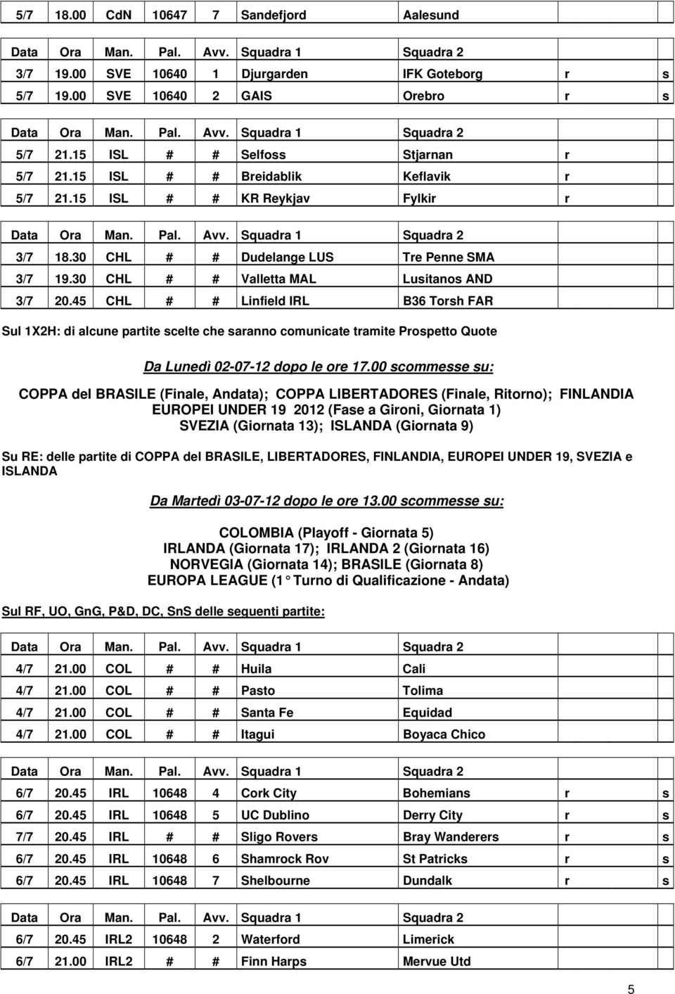 45 CHL # # Linfield IRL B36 Torsh FAR Sul 1X2H: di alcune partite scelte che saranno comunicate tramite Prospetto Quote Da Lunedì 02-07-12 dopo le ore 17.