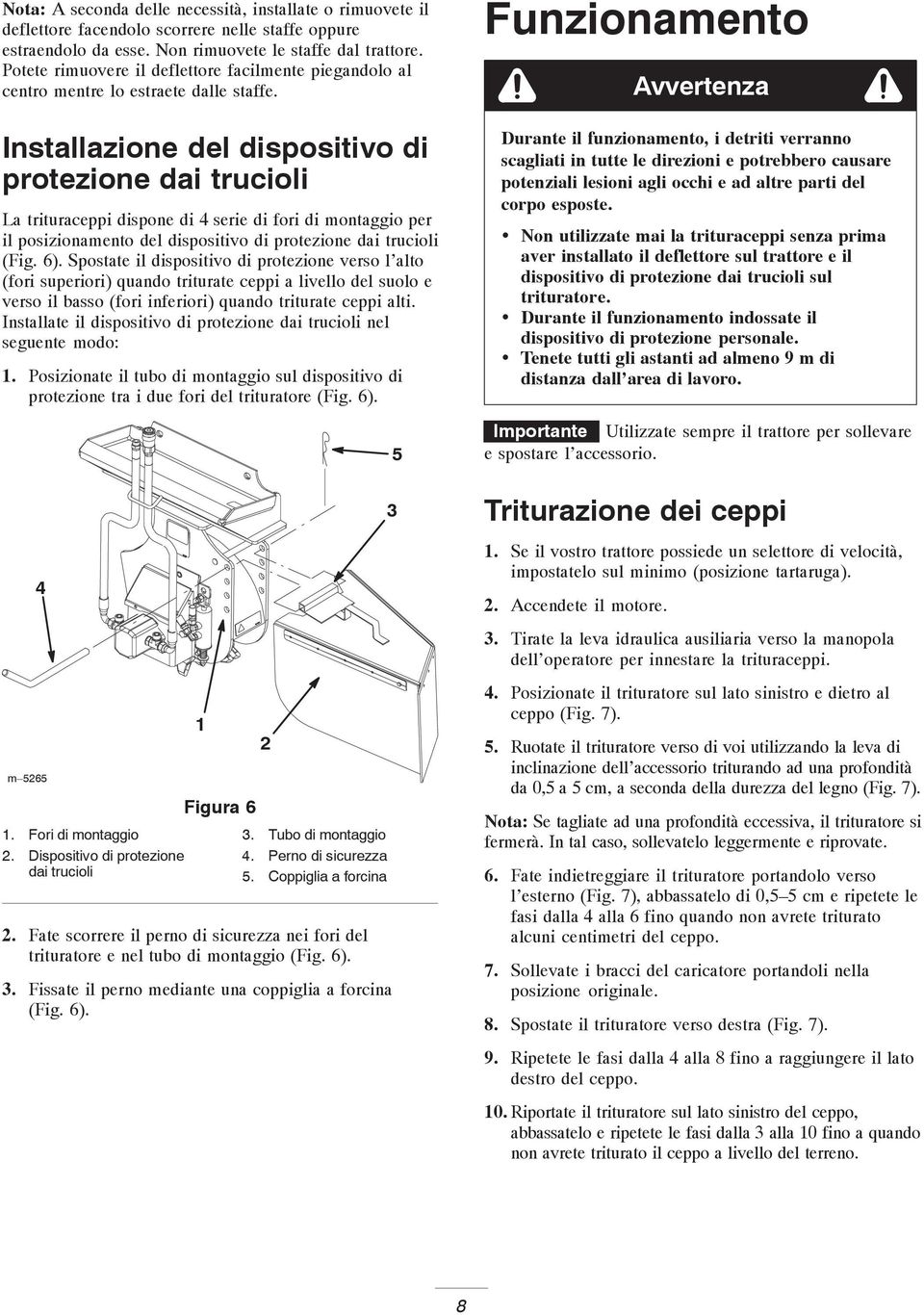 Installazione del dispositivo di protezione dai trucioli La trituraceppi dispone di 4 serie di fori di montaggio per il posizionamento del dispositivo di protezione dai trucioli (Fig. 6).