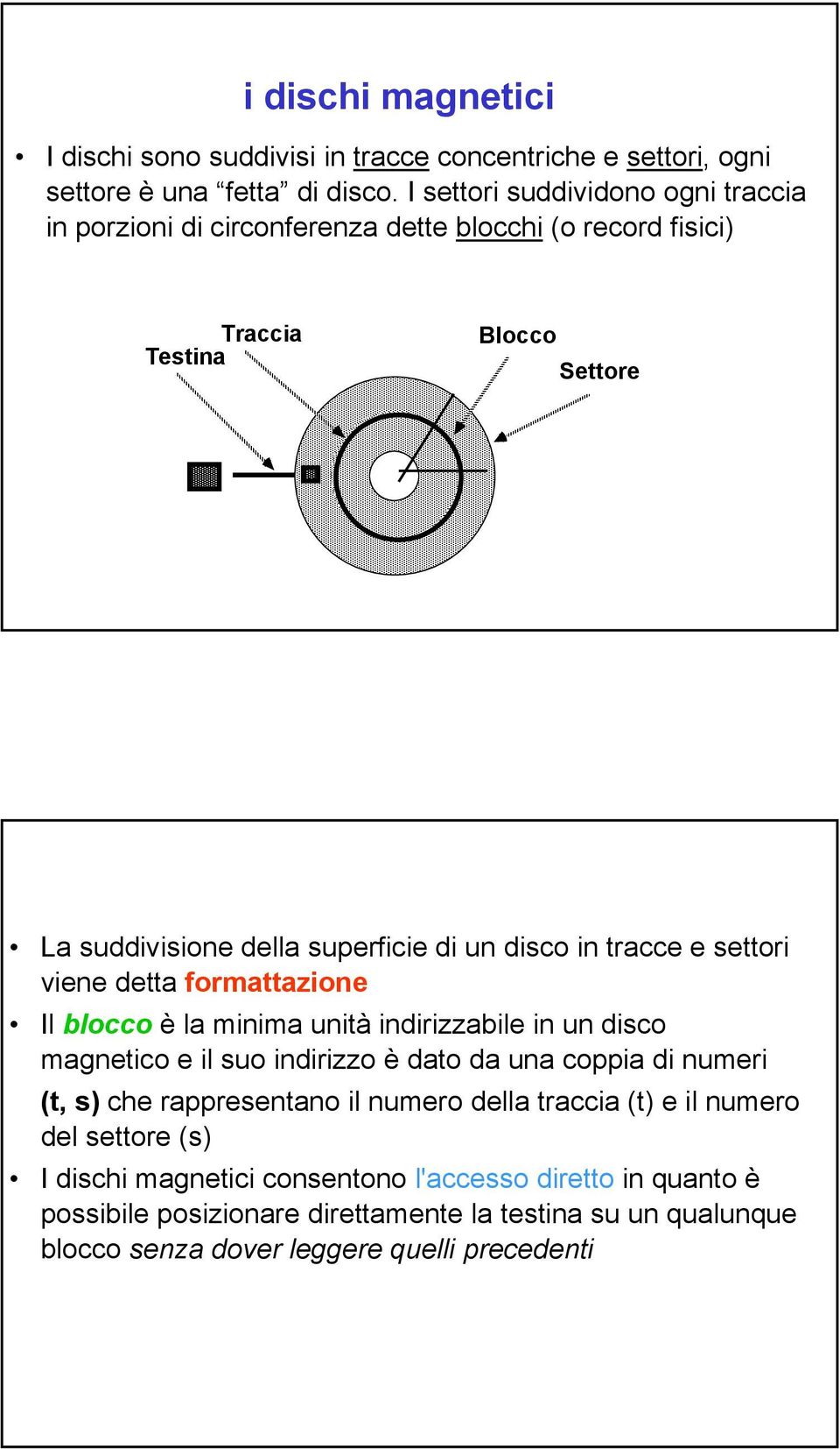 in tracce e settori viene detta formattazione Il blocco è la minima unità indirizzabile in un disco magnetico e il suo indirizzo è dato da una coppia di numeri (t, s) che