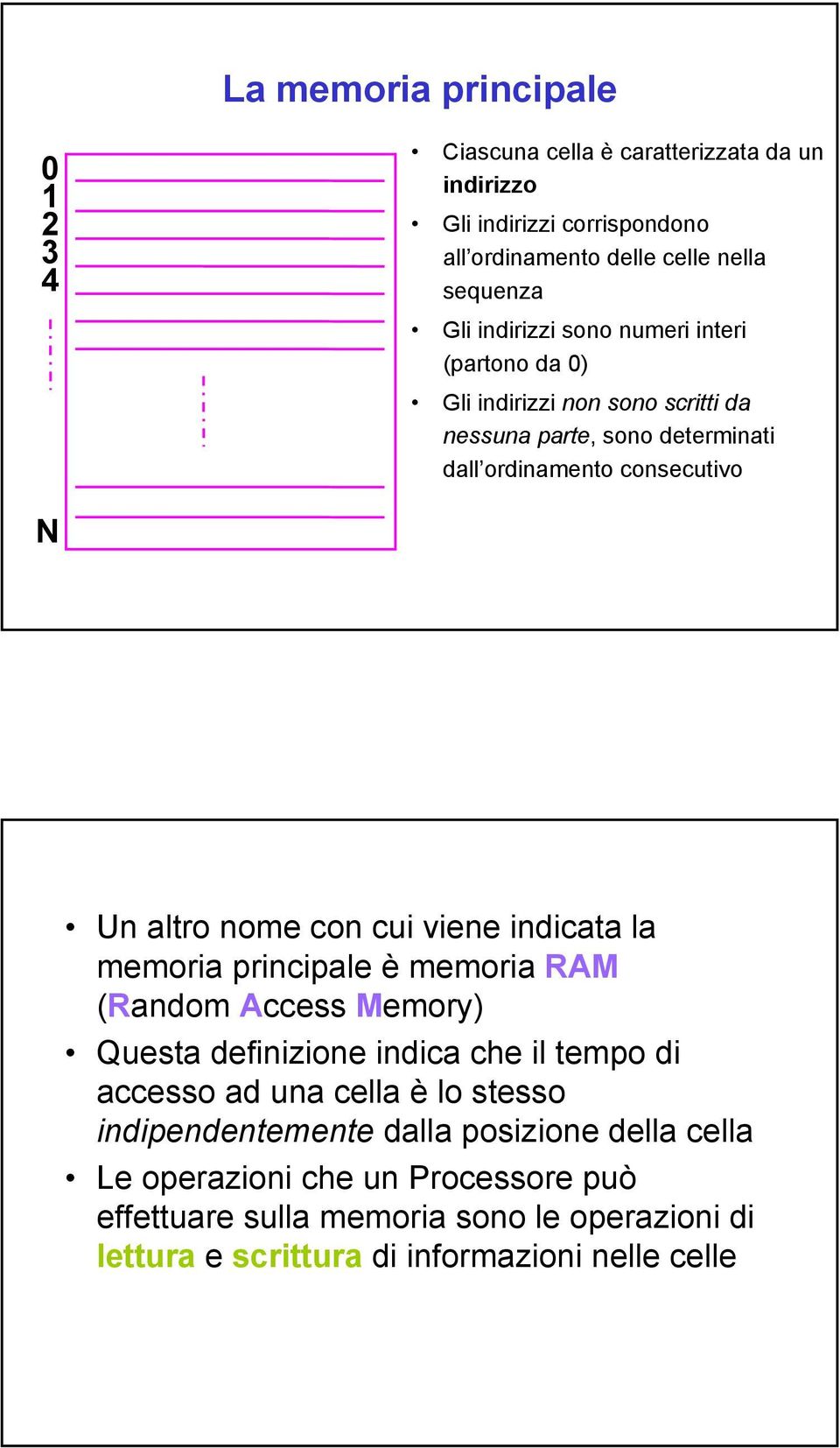 cui viene indicata la memoria principale è memoria RAM (Random Access Memory) Questa definizione indica che il tempo di accesso ad una cella è lo stesso