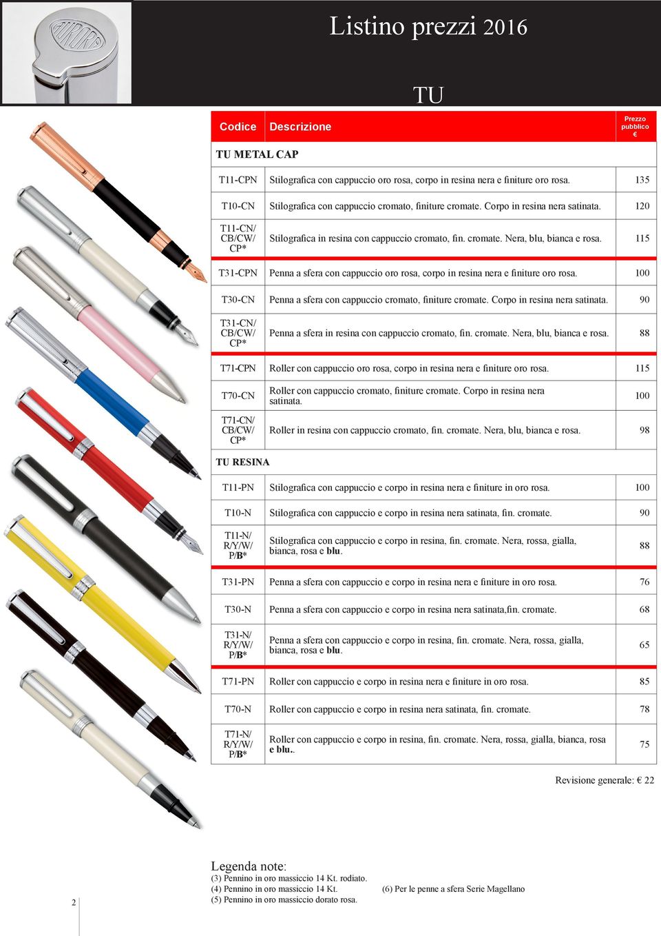 100 T30-CN Penna a sfera con cappuccio cromato, finiture cromate. Corpo in resina nera satinata. 90 T31-CN/ CB/CW/ CP* Penna a sfera in resina con cappuccio cromato, fin. cromate. Nera, blu, bianca e rosa.