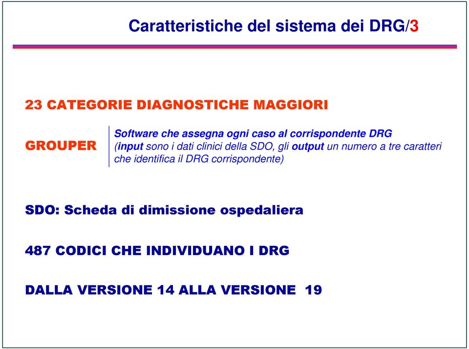 SDO, gli output un numero a tre caratteri che identifica il DRG corrispondente) SDO: