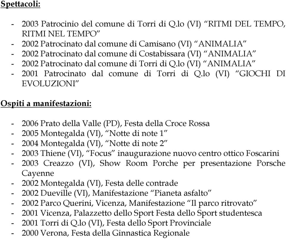 Q.lo (VI) ANIMALIA - 2001 Patrocinato dal comune di Torri di Q.